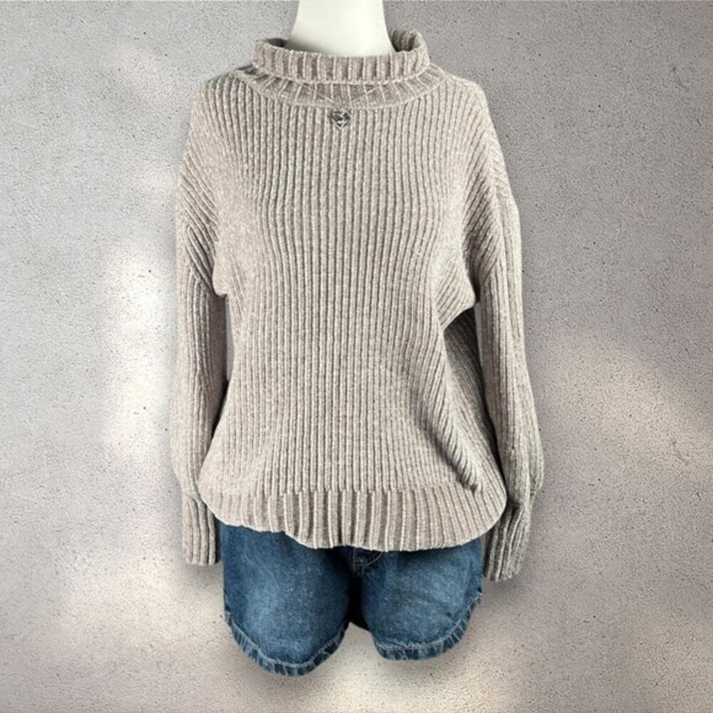 Cynthia Rowley XS Chenille Turtleneck Sweater Beige Gray Super Soft Cozy Knit